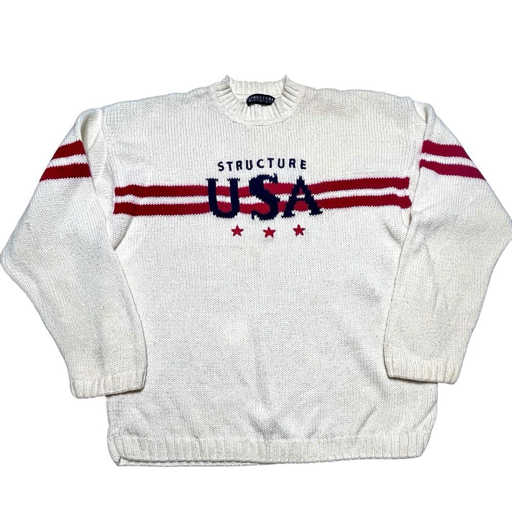 Structure USA Off White Knit Sweater Red Blue Stripes Sz XL